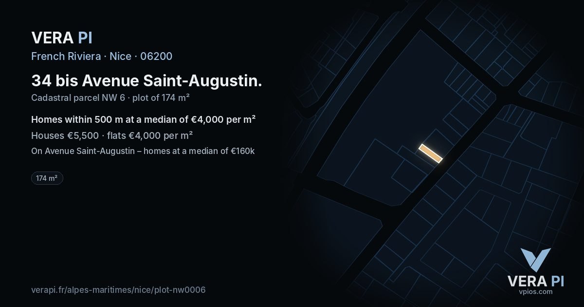 34 bis Avenue Saint-Augustin, Nice at night – the plot lit, the parcels around coloured by the prices near them