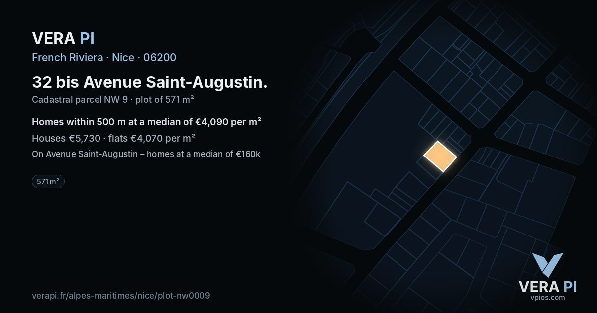 32 bis Avenue Saint-Augustin, Nice at night – the plot lit, the parcels around coloured by the prices near them