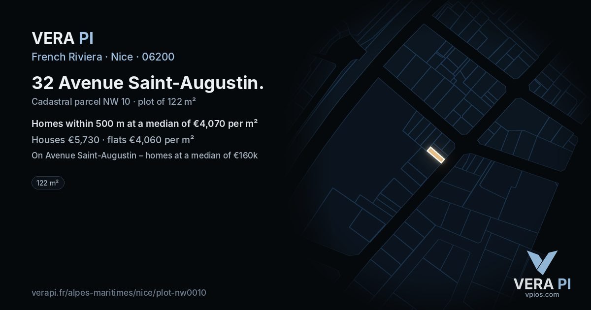 32 Avenue Saint-Augustin, Nice at night – the plot lit, the parcels around coloured by the prices near them