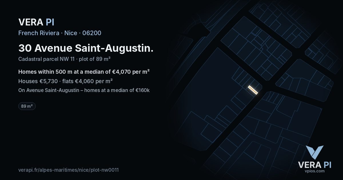 30 Avenue Saint-Augustin, Nice at night – the plot lit, the parcels around coloured by the prices near them