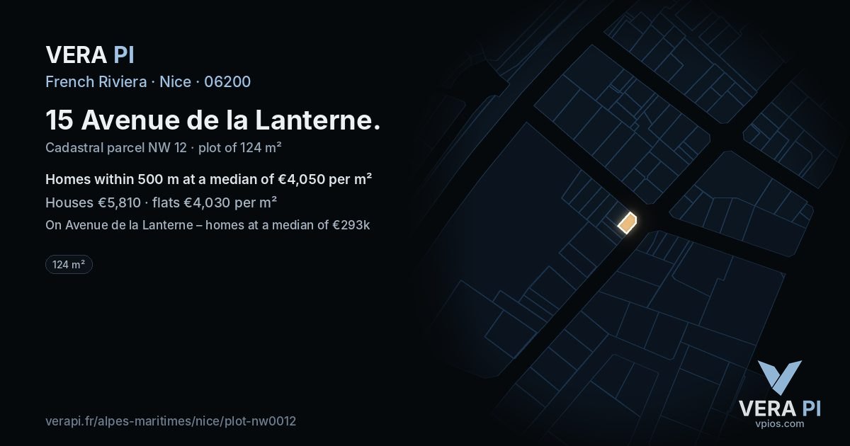 15 Avenue de la Lanterne, Nice at night – the plot lit, the parcels around coloured by the prices near them