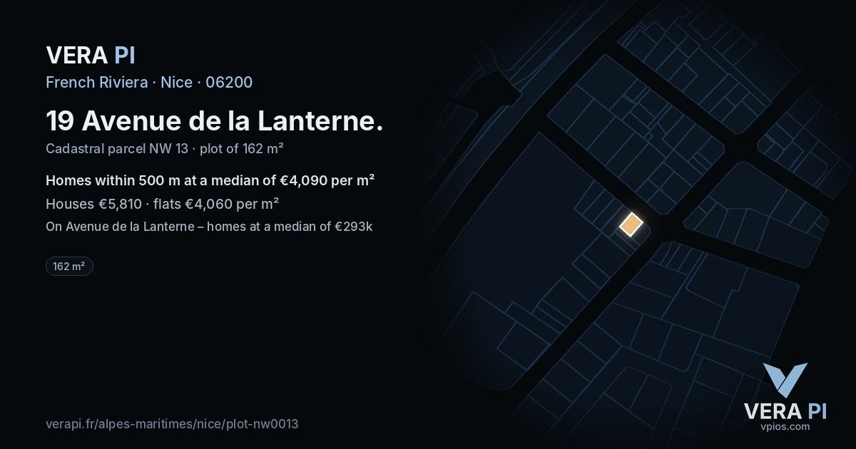 19 Avenue de la Lanterne, Nice at night – the plot lit, the parcels around coloured by the prices near them