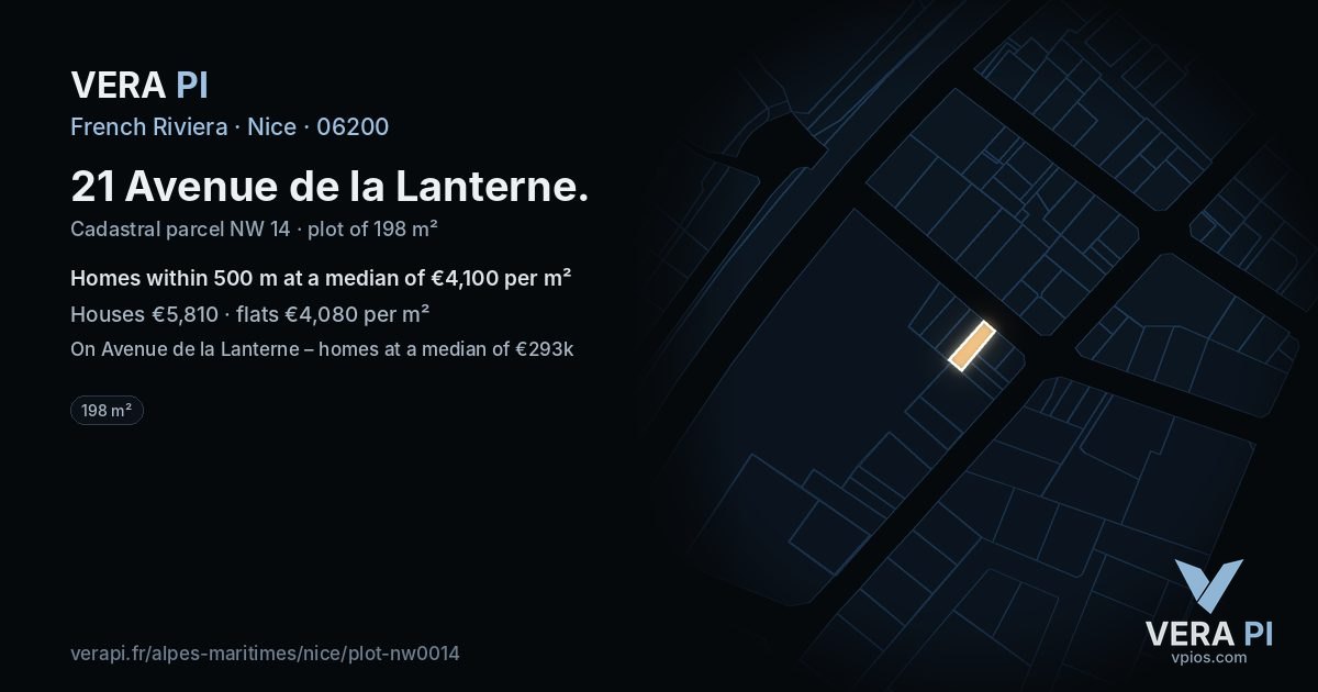 21 Avenue de la Lanterne, Nice at night – the plot lit, the parcels around coloured by the prices near them