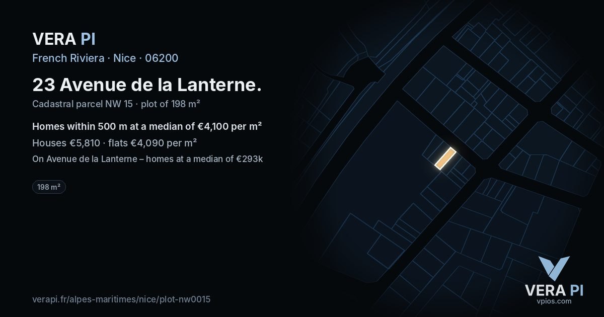 23 Avenue de la Lanterne, Nice at night – the plot lit, the parcels around coloured by the prices near them