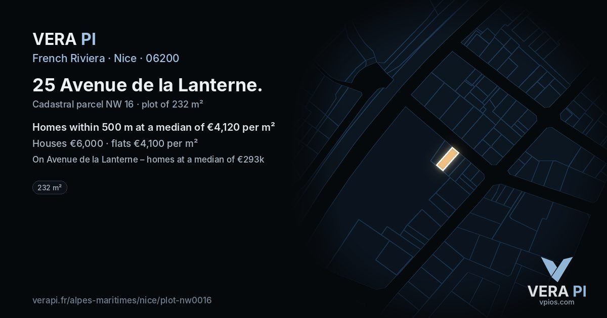 25 Avenue de la Lanterne, Nice at night – the plot lit, the parcels around coloured by the prices near them