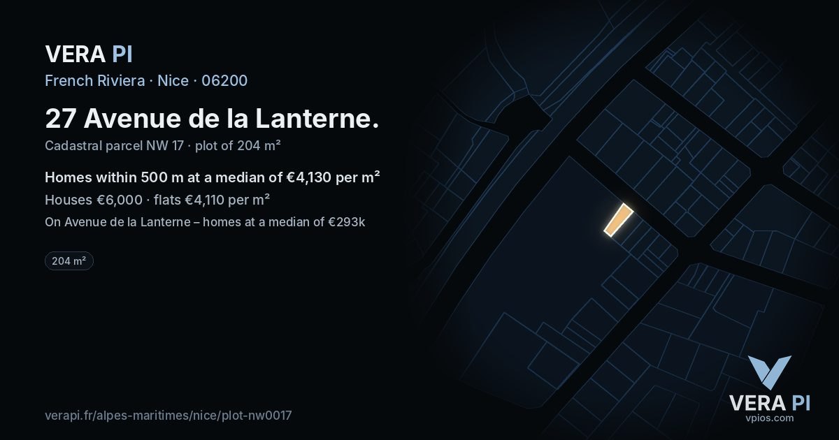 27 Avenue de la Lanterne, Nice at night – the plot lit, the parcels around coloured by the prices near them