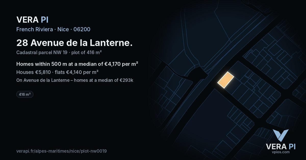 28 Avenue de la Lanterne, Nice at night – the plot lit, the parcels around coloured by the prices near them