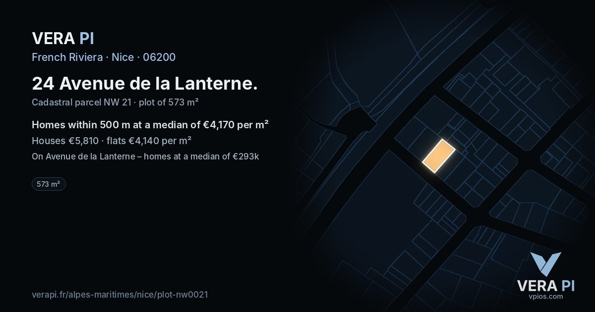 24 Avenue de la Lanterne, Nice at night – the plot lit, the parcels around coloured by the prices near them