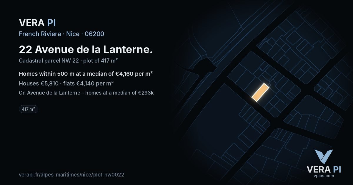 22 Avenue de la Lanterne, Nice at night – the plot lit, the parcels around coloured by the prices near them