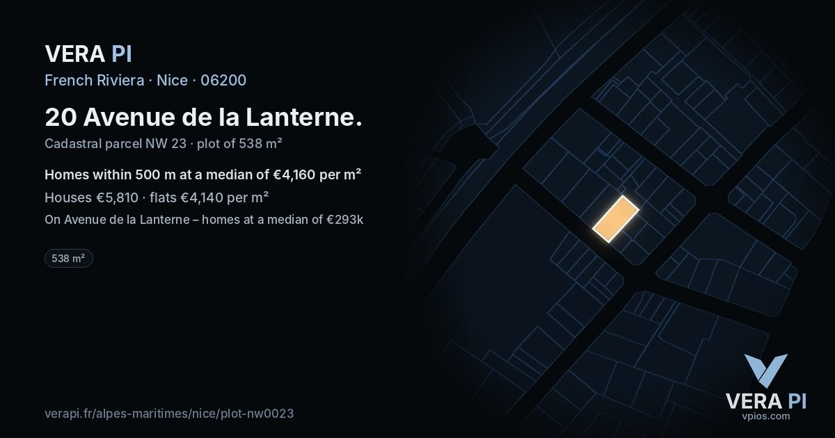 20 Avenue de la Lanterne, Nice at night – the plot lit, the parcels around coloured by the prices near them