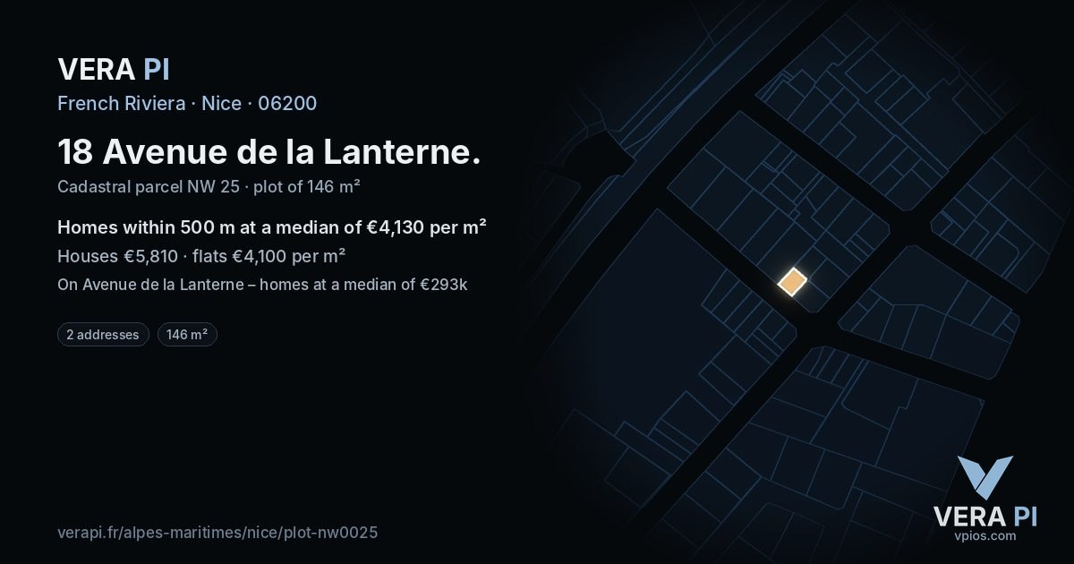 18 Avenue de la Lanterne, Nice at night – the plot lit, the parcels around coloured by the prices near them