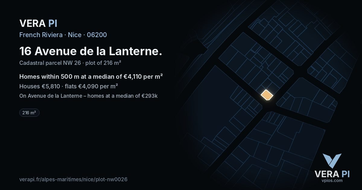 16 Avenue de la Lanterne, Nice at night – the plot lit, the parcels around coloured by the prices near them