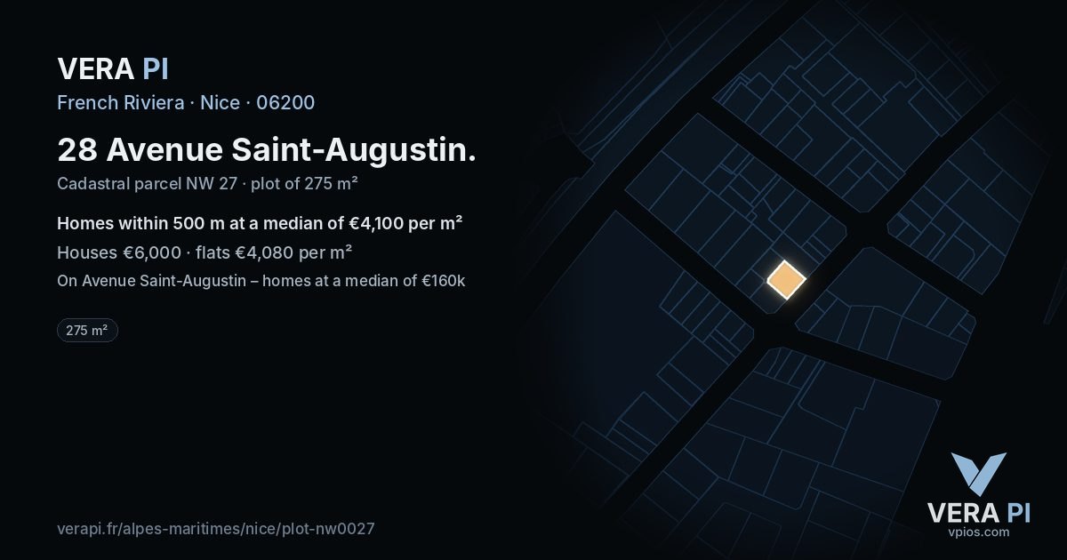 28 Avenue Saint-Augustin, Nice at night – the plot lit, the parcels around coloured by the prices near them
