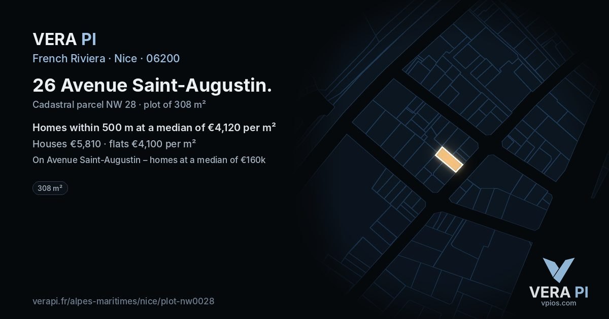 26 Avenue Saint-Augustin, Nice at night – the plot lit, the parcels around coloured by the prices near them
