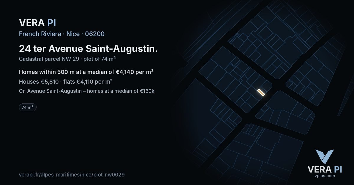 24 ter Avenue Saint-Augustin, Nice at night – the plot lit, the parcels around coloured by the prices near them