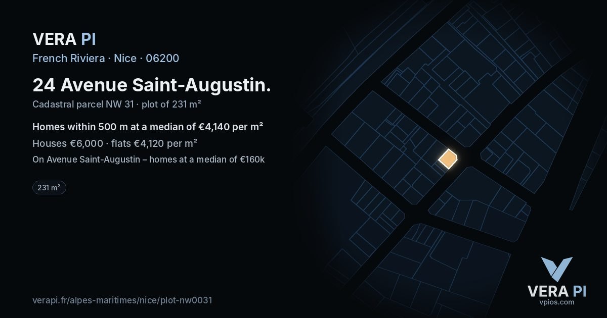 24 Avenue Saint-Augustin, Nice at night – the plot lit, the parcels around coloured by the prices near them