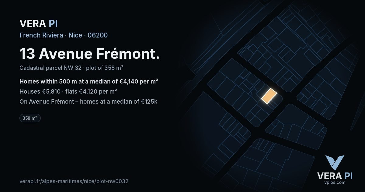 13 Avenue Frémont, Nice at night – the plot lit, the parcels around coloured by the prices near them