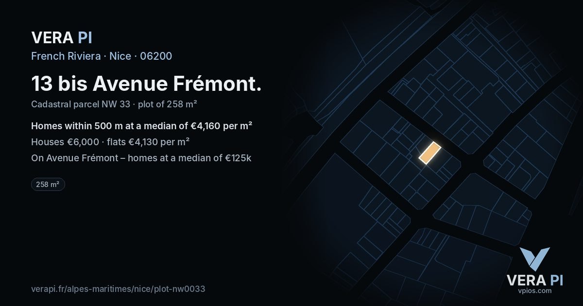 13 bis Avenue Frémont, Nice at night – the plot lit, the parcels around coloured by the prices near them