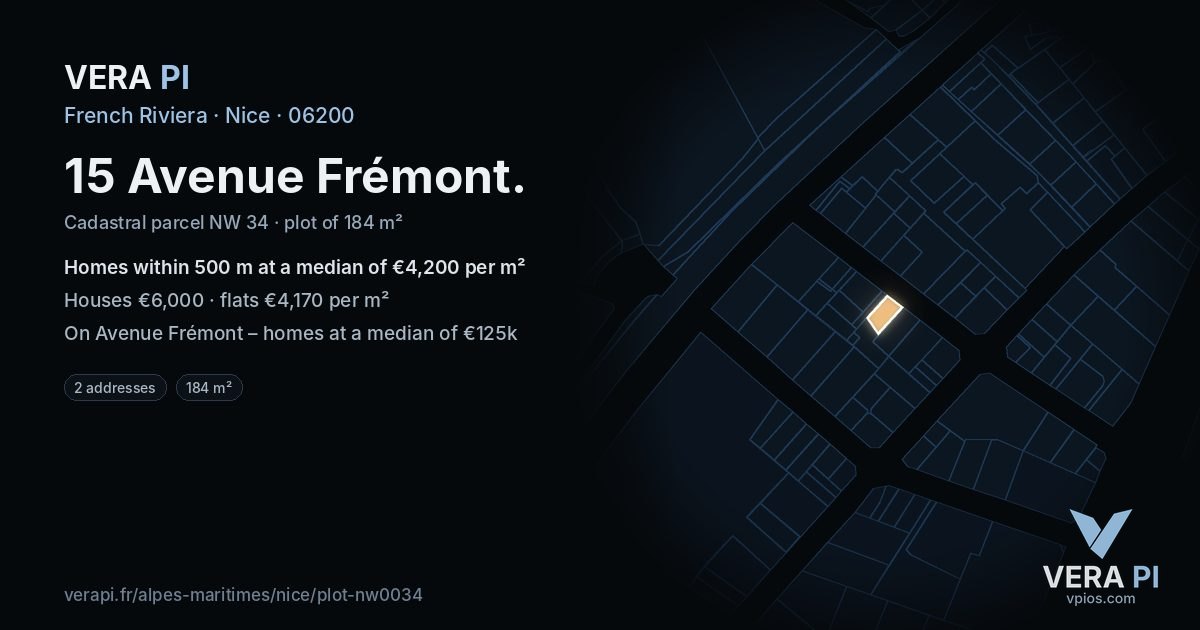 15 Avenue Frémont, Nice at night – the plot lit, the parcels around coloured by the prices near them