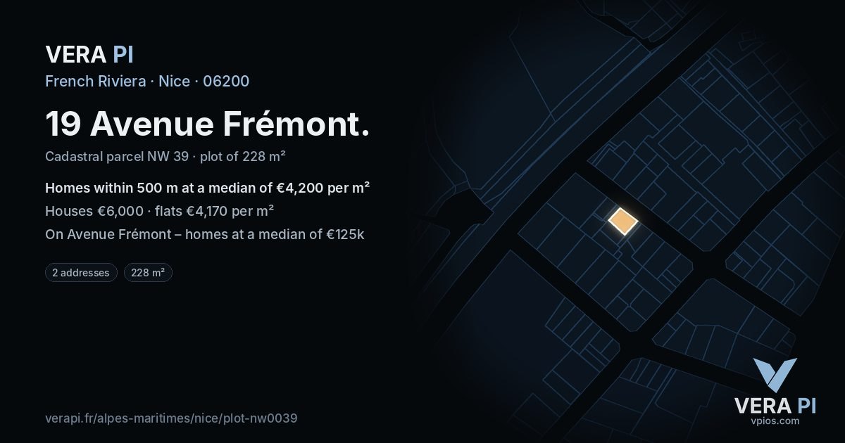 19 Avenue Frémont, Nice at night – the plot lit, the parcels around coloured by the prices near them