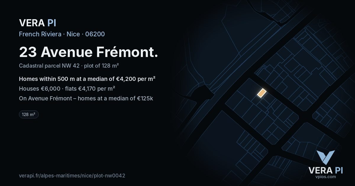 23 Avenue Frémont, Nice at night – the plot lit, the parcels around coloured by the prices near them