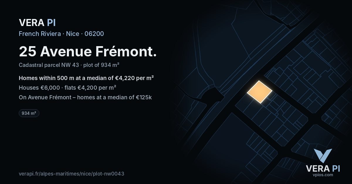 25 Avenue Frémont, Nice at night – the plot lit, the parcels around coloured by the prices near them