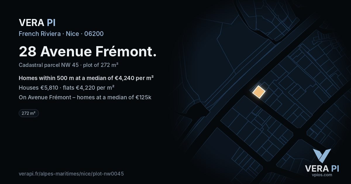 28 Avenue Frémont, Nice at night – the plot lit, the parcels around coloured by the prices near them