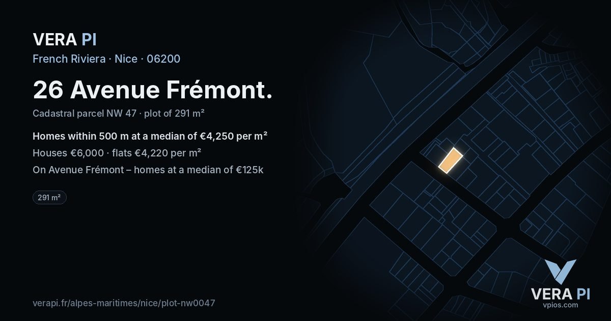 26 Avenue Frémont, Nice at night – the plot lit, the parcels around coloured by the prices near them