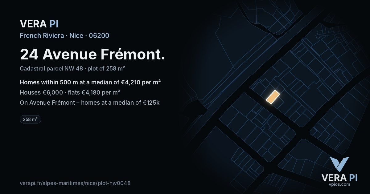 24 Avenue Frémont, Nice at night – the plot lit, the parcels around coloured by the prices near them