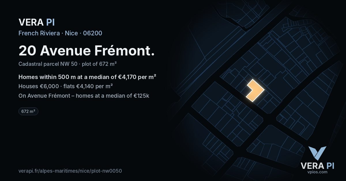 20 Avenue Frémont, Nice at night – the plot lit, the parcels around coloured by the prices near them