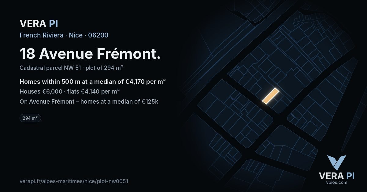 18 Avenue Frémont, Nice at night – the plot lit, the parcels around coloured by the prices near them