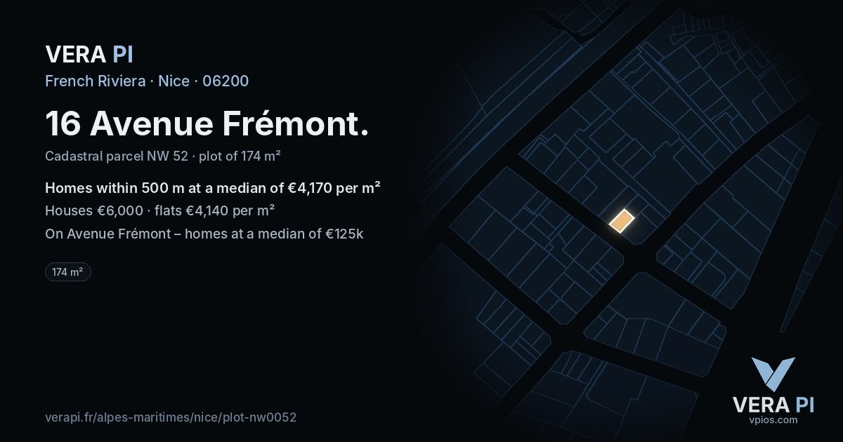 16 Avenue Frémont, Nice at night – the plot lit, the parcels around coloured by the prices near them