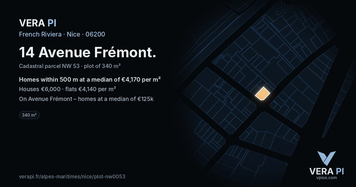 14 Avenue Frémont, Nice at night – the plot lit, the parcels around coloured by the prices near them