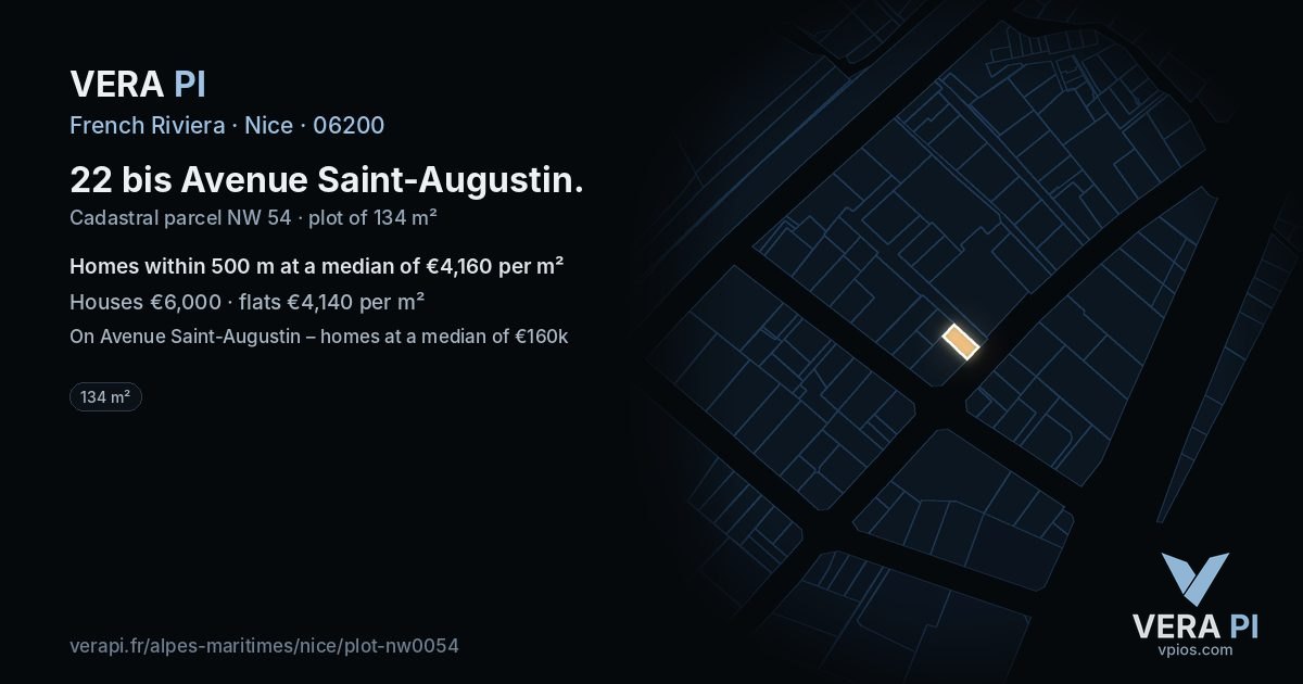 22 bis Avenue Saint-Augustin, Nice at night – the plot lit, the parcels around coloured by the prices near them