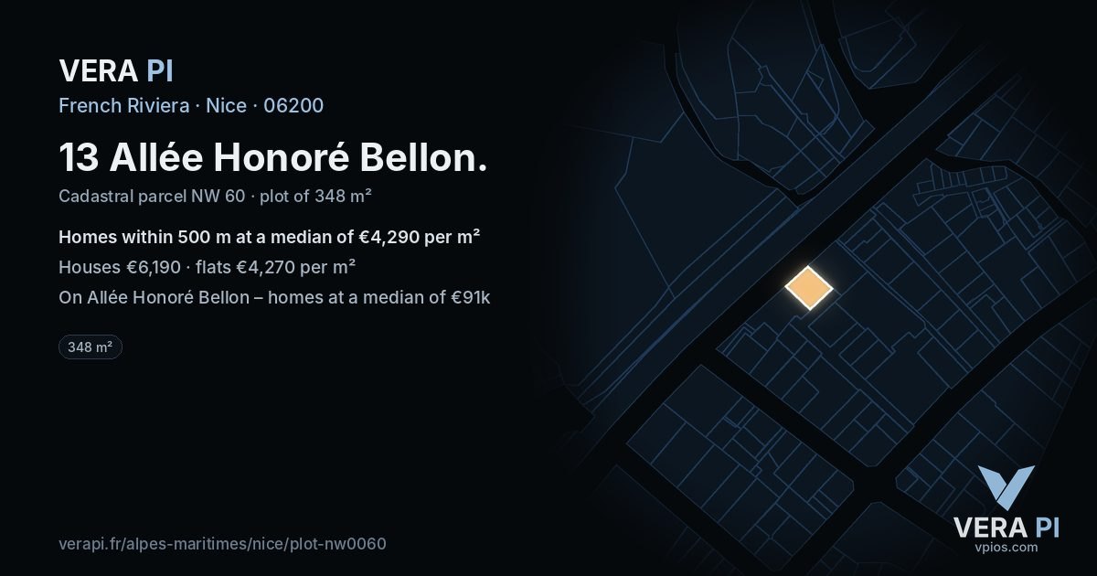 13 Allée Honoré Bellon, Nice at night – the plot lit, the parcels around coloured by the prices near them