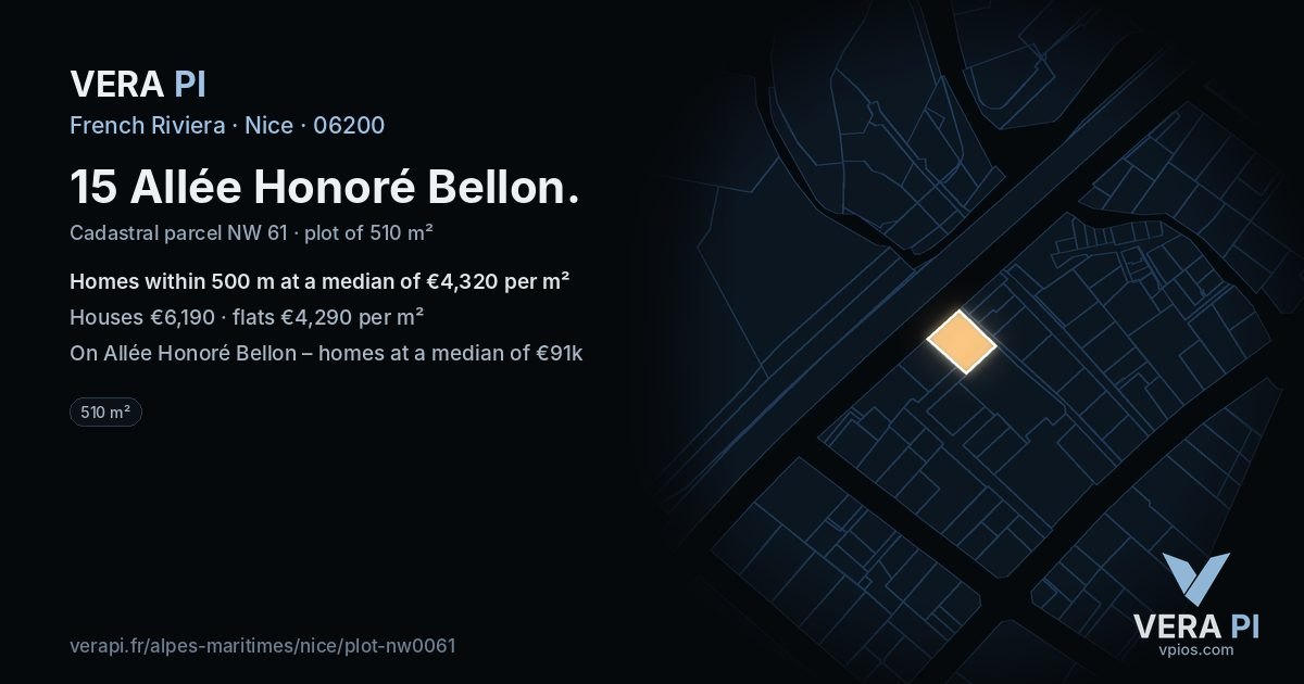 15 Allée Honoré Bellon, Nice at night – the plot lit, the parcels around coloured by the prices near them