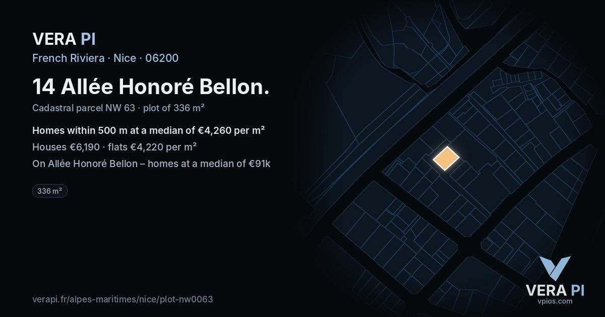 14 Allée Honoré Bellon, Nice at night – the plot lit, the parcels around coloured by the prices near them