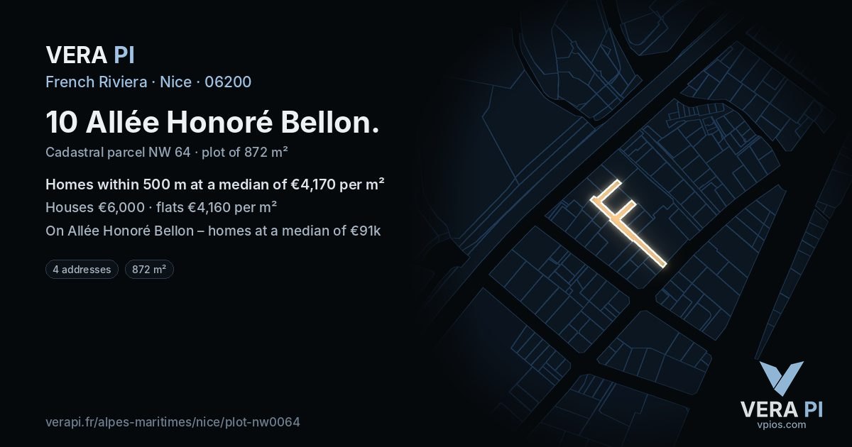 10 Allée Honoré Bellon, Nice at night – the plot lit, the parcels around coloured by the prices near them