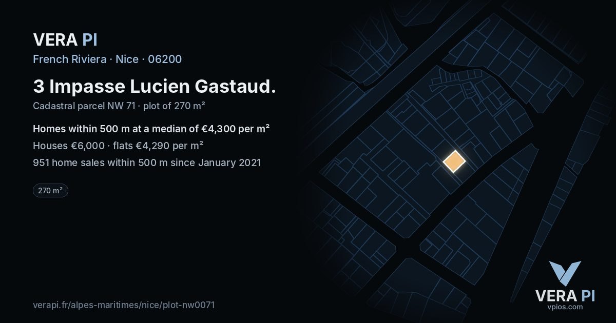 3 Impasse Lucien Gastaud, Nice at night – the plot lit, the parcels around coloured by the prices near them