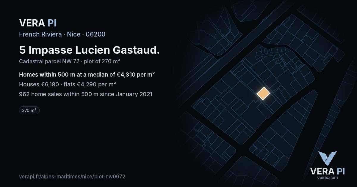 5 Impasse Lucien Gastaud, Nice at night – the plot lit, the parcels around coloured by the prices near them