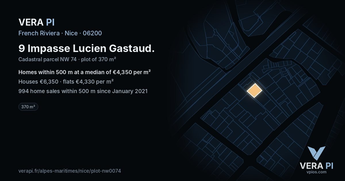 9 Impasse Lucien Gastaud, Nice at night – the plot lit, the parcels around coloured by the prices near them