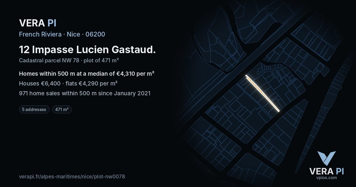 12 Impasse Lucien Gastaud, Nice at night – the plot lit, the parcels around coloured by the prices near them