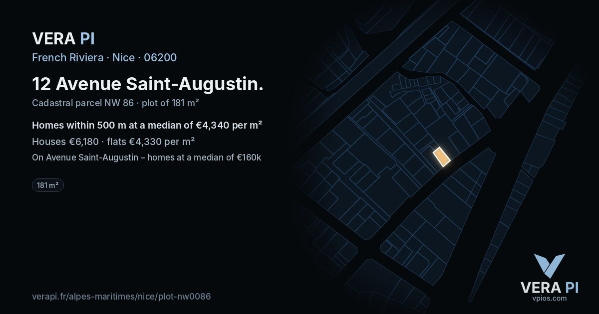 12 Avenue Saint-Augustin, Nice at night – the plot lit, the parcels around coloured by the prices near them