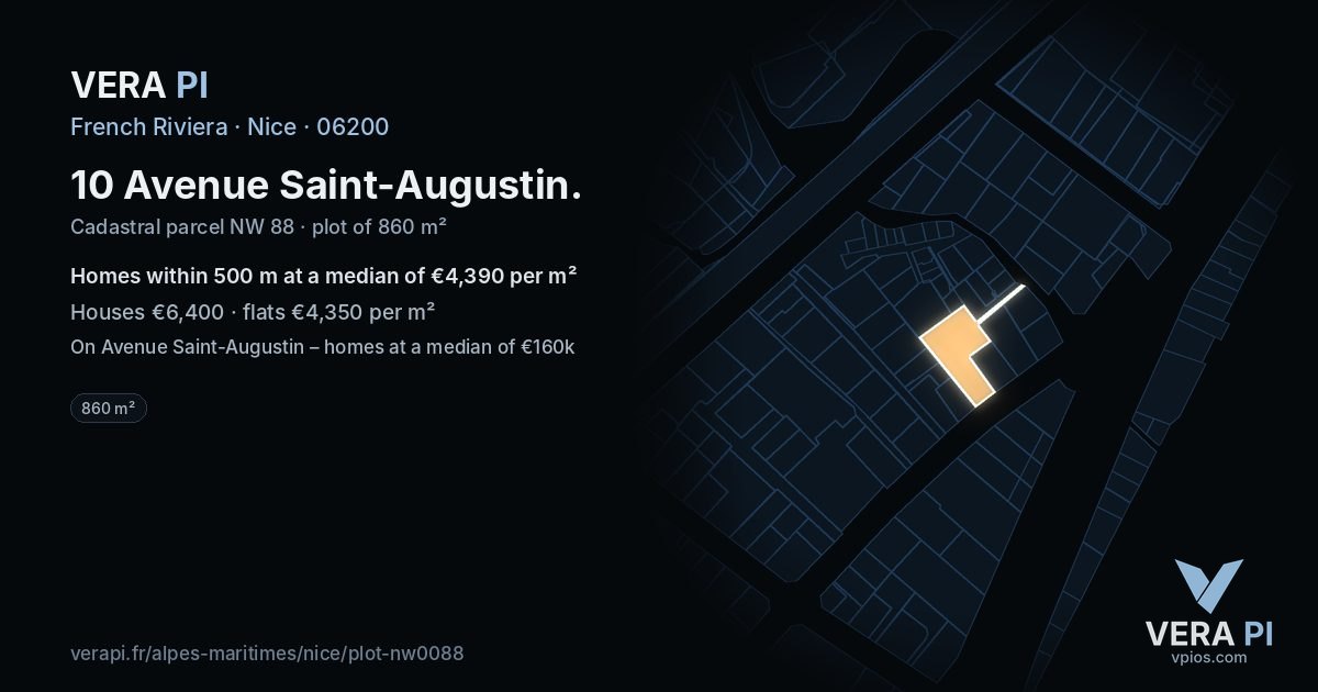 10 Avenue Saint-Augustin, Nice at night – the plot lit, the parcels around coloured by the prices near them