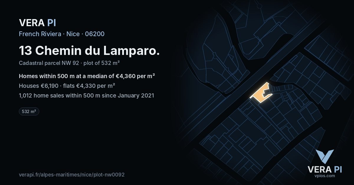 13 Chemin du Lamparo, Nice at night – the plot lit, the parcels around coloured by the prices near them