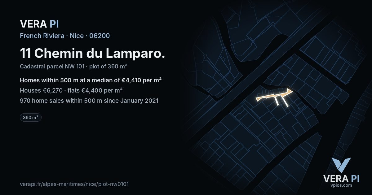 11 Chemin du Lamparo, Nice at night – the plot lit, the parcels around coloured by the prices near them