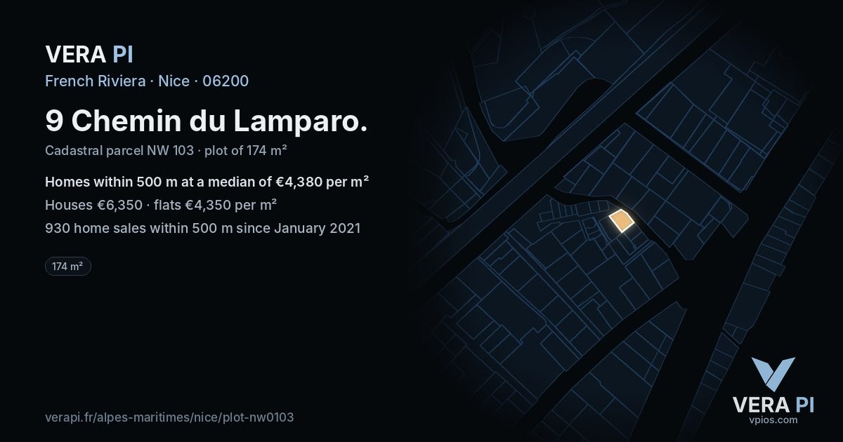 9 Chemin du Lamparo, Nice at night – the plot lit, the parcels around coloured by the prices near them