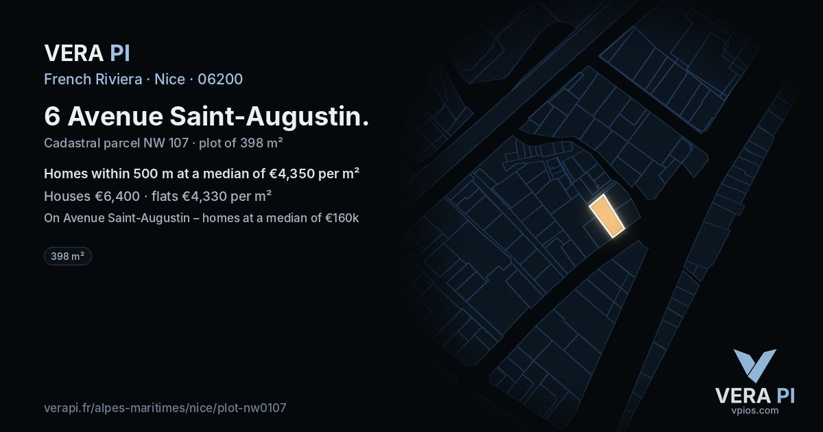 6 Avenue Saint-Augustin, Nice at night – the plot lit, the parcels around coloured by the prices near them