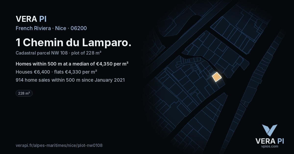 1 Chemin du Lamparo, Nice at night – the plot lit, the parcels around coloured by the prices near them