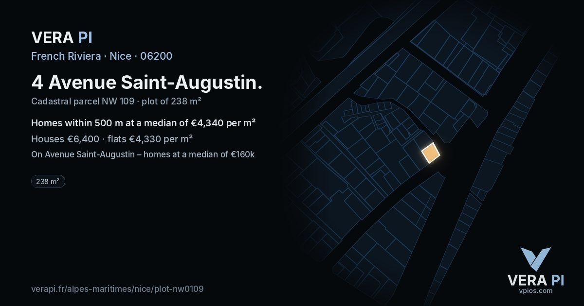 4 Avenue Saint-Augustin, Nice at night – the plot lit, the parcels around coloured by the prices near them